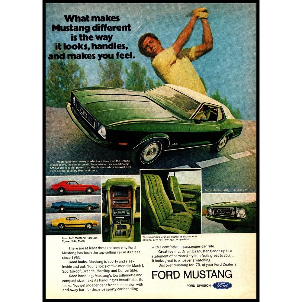 1973 Ford Mustang Coupe Vintage Print Ad Golfer Gold Swing Sports Car Wall Art